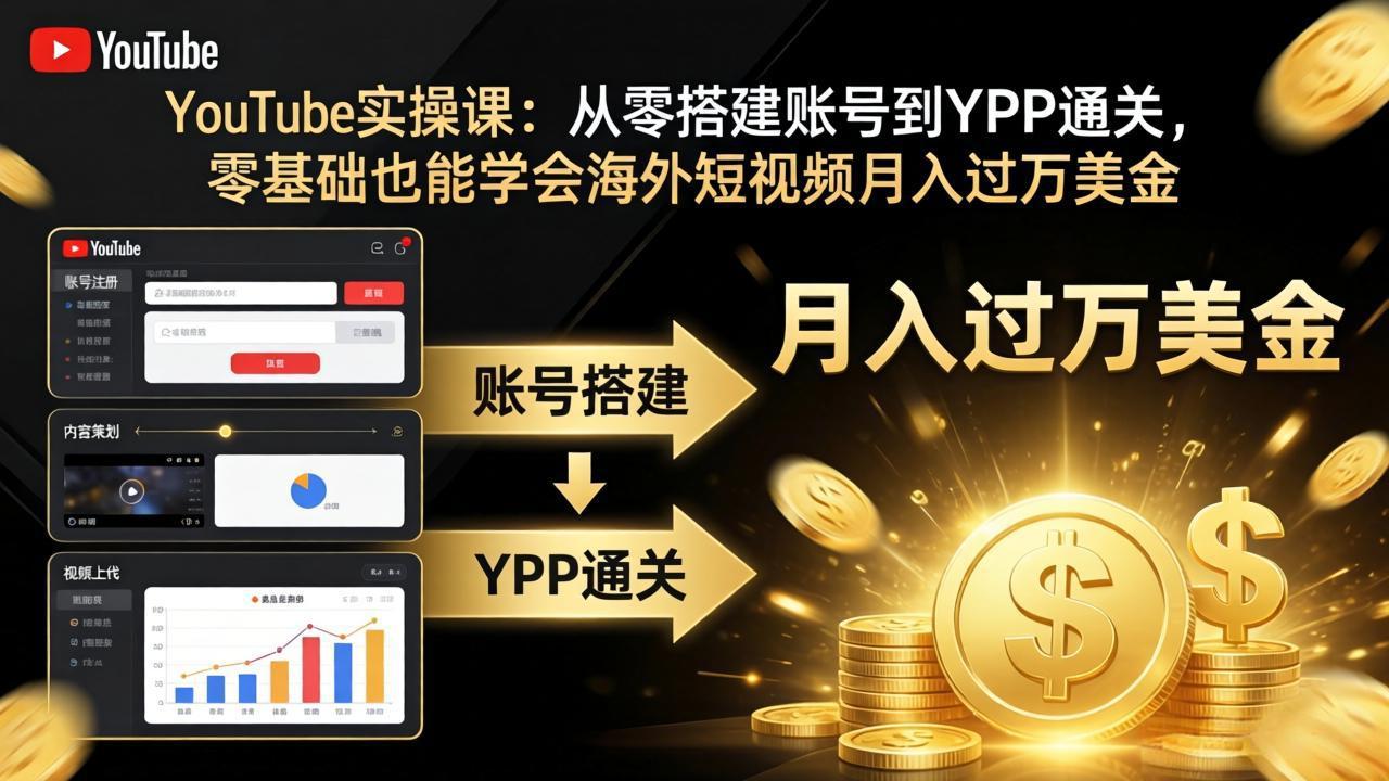 YouTube实操课:从零搭建账号到YPP通关,零基础也能学会海外短视频月入过万美金-才疏云网创