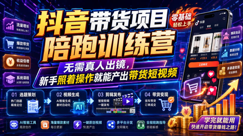 抖音带货项目陪跑训练营,无需真人出镜,新手照着操作就能产出带货短视频-才疏云网创