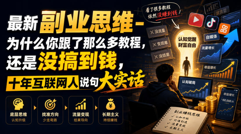 最新副业思维-为什么你跟了那么多教程,还是没搞到钱,十年互联网人说句大实话【揭秘】-才疏云网创