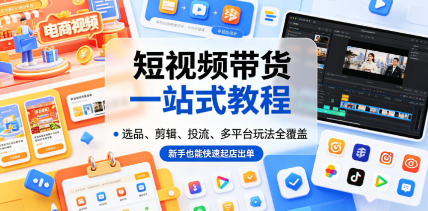 短视频带货一站式教程，选品、剪辑、投流、多平台玩法全覆盖，新手也能快速起店出单-才疏云网创
