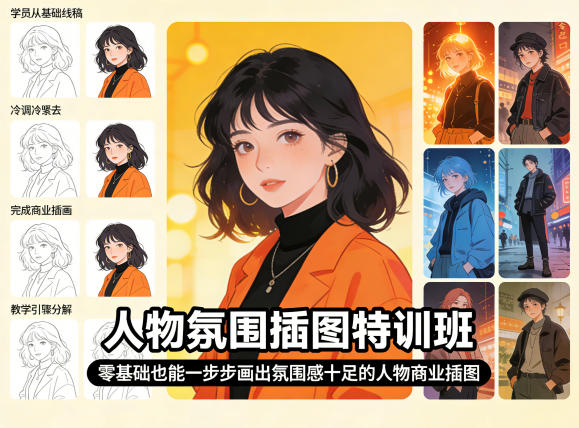 人物氛围插图特训班，零基础也能一步步画出氛围感十足的人物商业插图-才疏云网创
