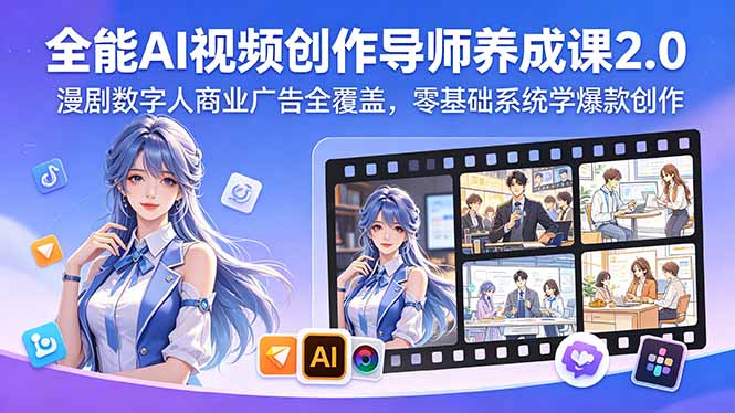 全能AI视频创作导师养成课2.0,漫剧数字人商业广告全覆盖,零基础系统学爆款创作-才疏云网创