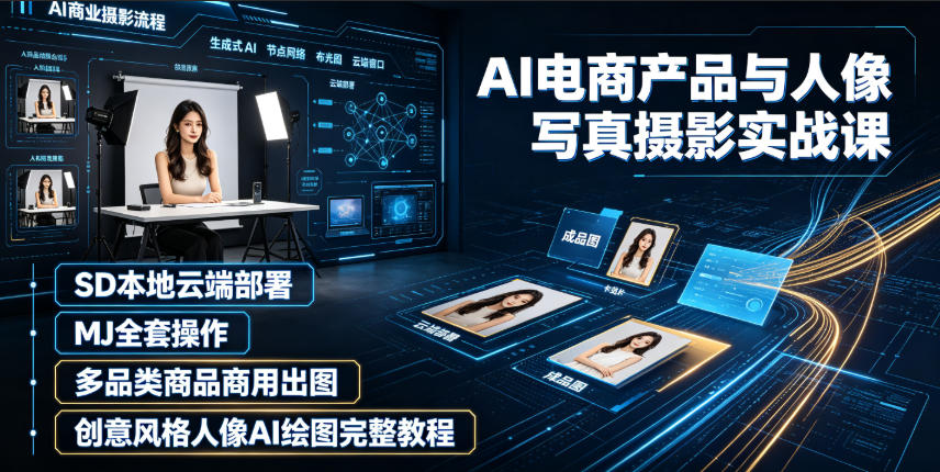 AI电商产品与人像写真摄影实战课｜SD本地云端部署、MJ全套操作、多品类商品商用出图、创意风格人像AI绘图完整教程-才疏云网创