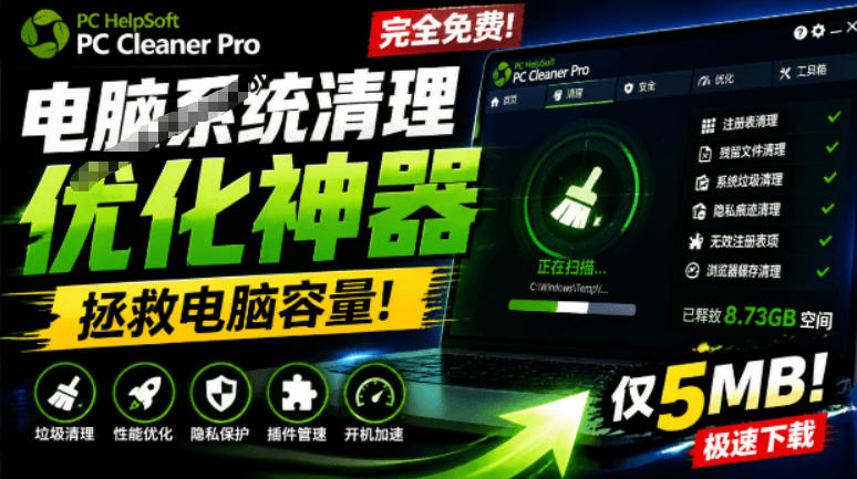 轻松吊打Win系统自带工具！电脑清理神器，拯救电脑容量，仅5MB，完全免费使用PC Cleaner Pro-才疏云网创