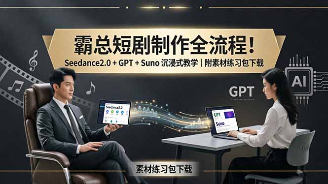 霸总短剧制作全流程！Seedance2.0 + GPT + Suno 沉浸式教学｜附素材练习包下载-才疏云网创
