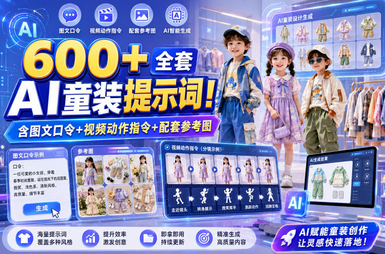 600+全套AI童装提示词！含图文口令+视频动作指令+配套参考图，Word-Excel规整分类，童装电商、种草无脑量产内容！-才疏云网创
