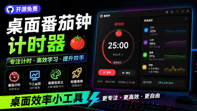 仅1.16MB，开源极简的桌面时钟、番茄钟计时器，还支持系统监控显示，桌面效率小工具Catime-才疏云网创