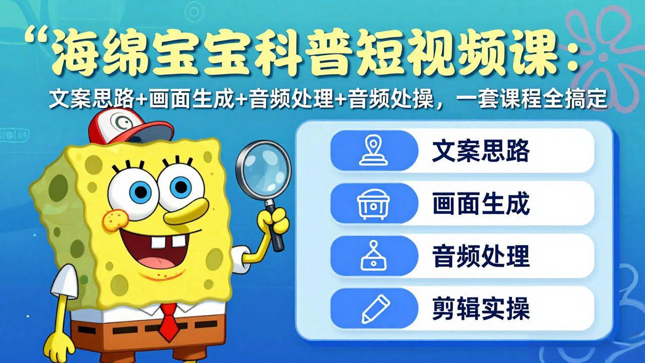 海绵宝宝科普短视频课：文案思路+画面生成+音频处理+剪辑实操，一套课程全搞定-才疏云网创