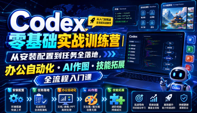 Codex零基础实战训练营｜从安装配置到任务全落地，办公自动化・AI作图・技能拓展全流程入门课-才疏云网创