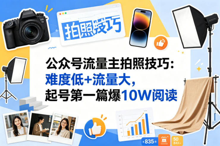 公众号流量主之拍照技巧赛道，难度低+流量大，起号第一篇就爆了10w阅读-才疏云网创