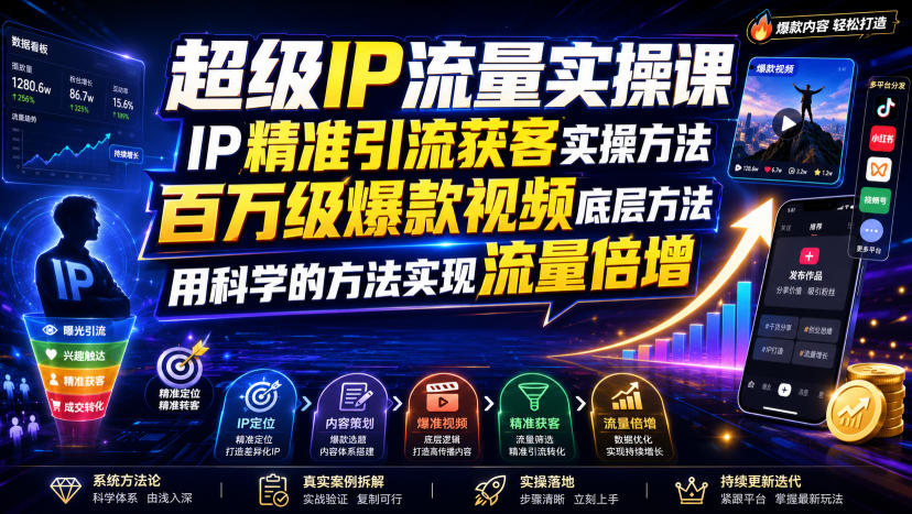 超级IP流量实操课,IP精准引流获客实操方法,百万级爆款视频底层方法,用科学的方法实现流量倍增-才疏云网创