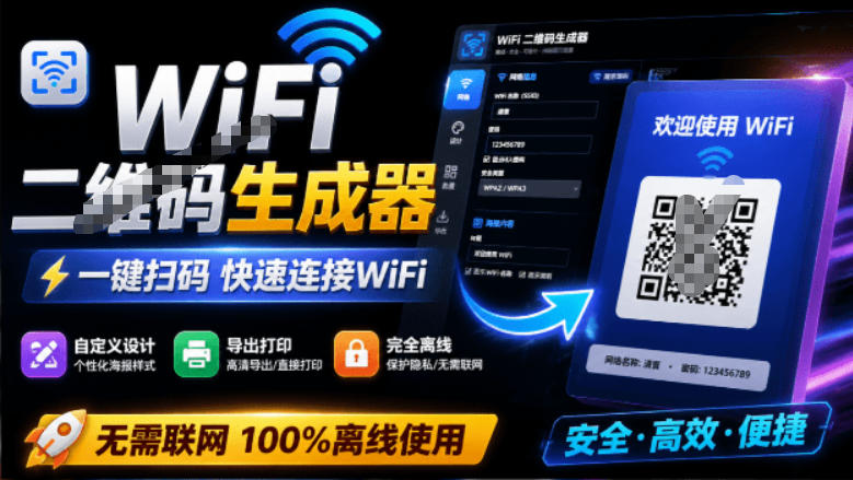 完全离线使用！WiFi二维码生成器，一键扫码快速连接WiFi，支持自定义风格导出WiFi二维码生成器-才疏云网创