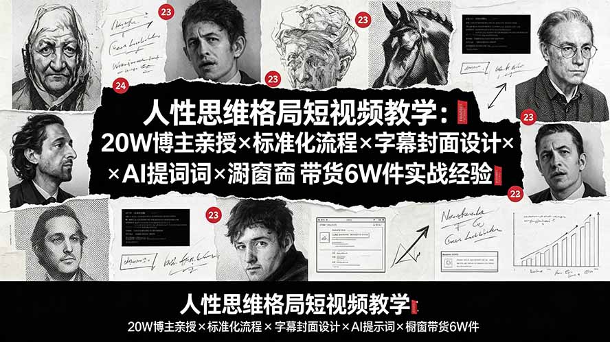 人性思维格局短视频教学：20W博主亲授×标准化流程×字幕封面设计×AI提示词×橱窗带货6W件实战经验-才疏云网创