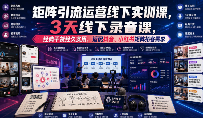 嗨推矩阵引流运营线下实训课,3天线下录音课,经典干货经久实用,适配抖音、小红书矩阵拓客需求-才疏云网创