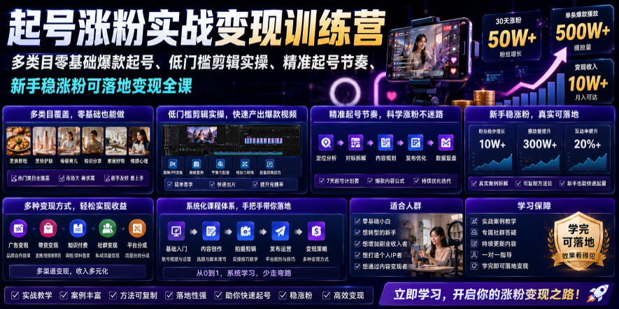 苗子起号涨粉实战变现训练营，多类目零基础爆款起号、精准起号节奏、新手稳涨粉可落地变现全课(更新0719)-才疏云网创