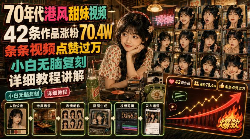 70年代港风甜妹视频，42条作品涨粉70.4W，条条视频点赞过万，小白无脑复刻，详细教程讲解-才疏云网创
