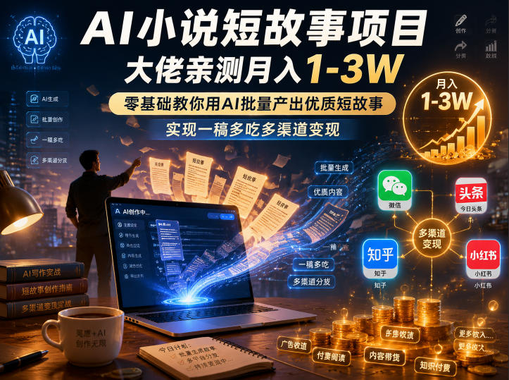 AI小说短故事项目，大佬亲测月入1-3W，零基础教你用AI批量产出优质短故事，实现一稿多吃多渠道变现(更新0710)-才疏云网创