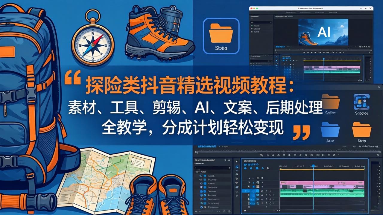 探险类抖音精选视频教程：素材、工具、剪辑、AI、文案、后期处理全教学，分成计划轻松变现-才疏云网创