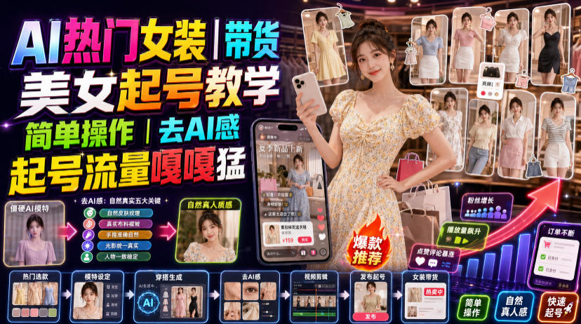 AI热门女装带货丨美女起号教学，简单操作，去AI感，起号流量嘎嘎猛-才疏云网创