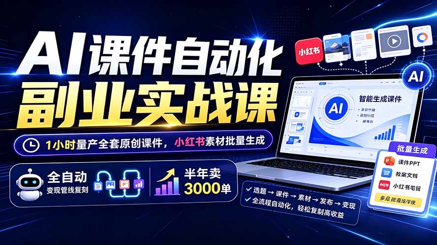AI课件自动化副业实战课:1小时量产全套原创课件×小红书素材批量生成×全自动变现管线×半年卖3000单-才疏云网创