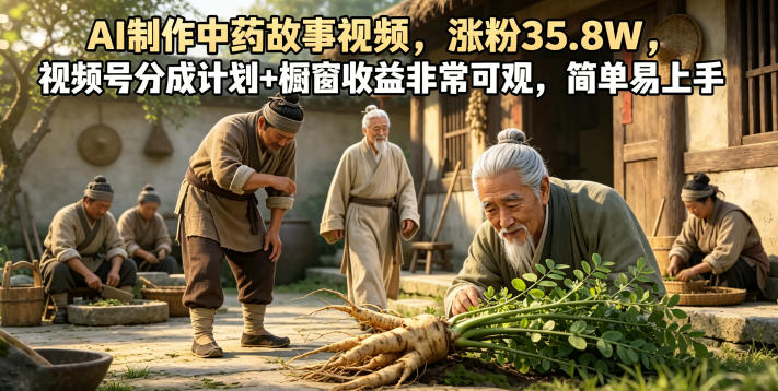 AI制作中药故事视频，涨粉35.8W，视频号分成计划+橱窗收益非常可观，简单易上手-才疏云网创