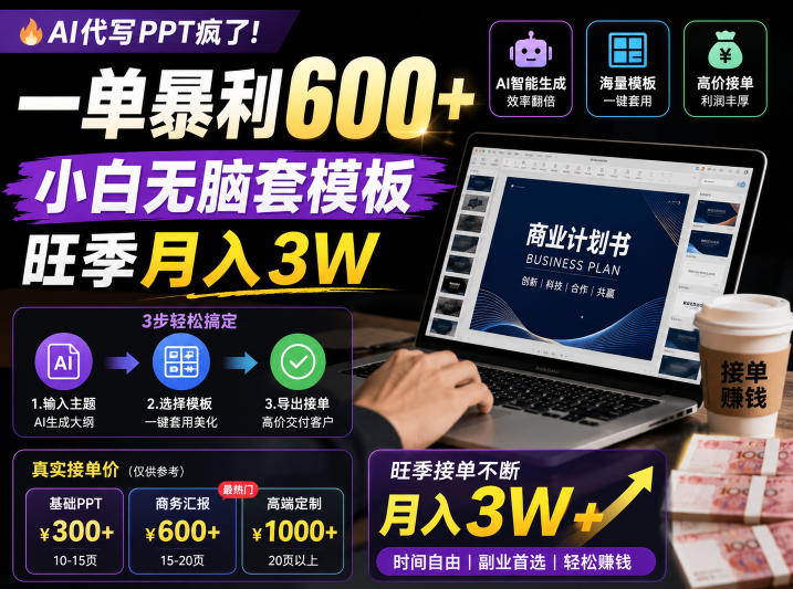 AI代写PPT疯了!一单暴利600+,小白无脑套模板,旺季月入3W,不用苦哈哈引流【揭秘】-才疏云网创