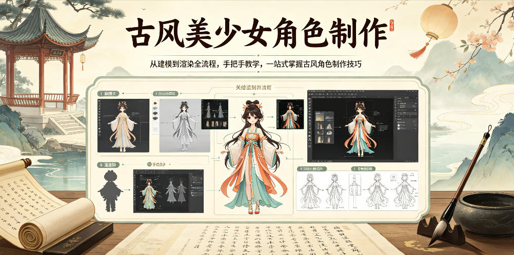 古风美少女角色制作，从建模到渲染全流程，手把手教学，一站式掌握古风角色制作技巧-才疏云网创
