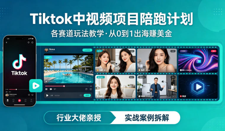 某大佬的Tiktok中视频项目陪跑，涵盖TK各个赛道玩法教学，从0到1出海賺美金-才疏云网创