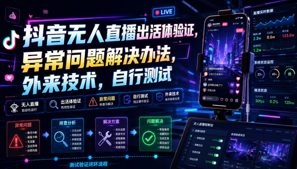 抖音无人直播出活体验证，异常问题解决办法，外来技术，自行测试-才疏云网创