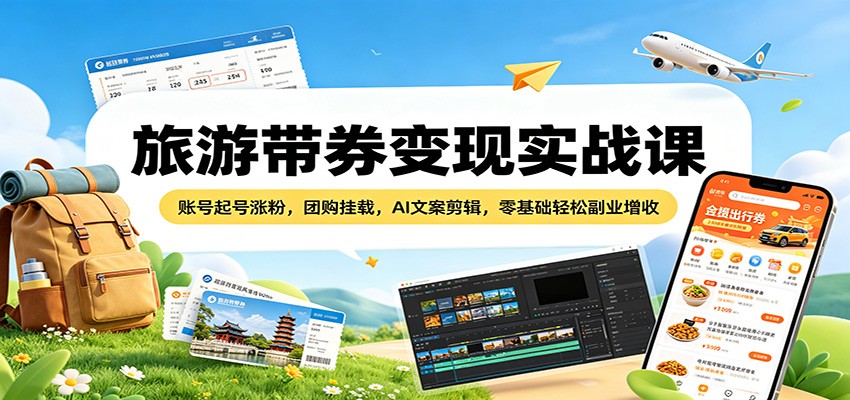 旅游带券变现实战课：账号起号涨粉，团购挂载，AI文案剪辑，零基础轻松副业增收-才疏云网创