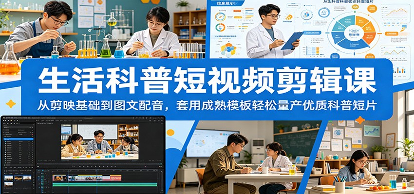 生活科普短视频剪辑课:从剪映基础到图文配音,套用成熟模板轻松量产优质科普短片-才疏云网创
