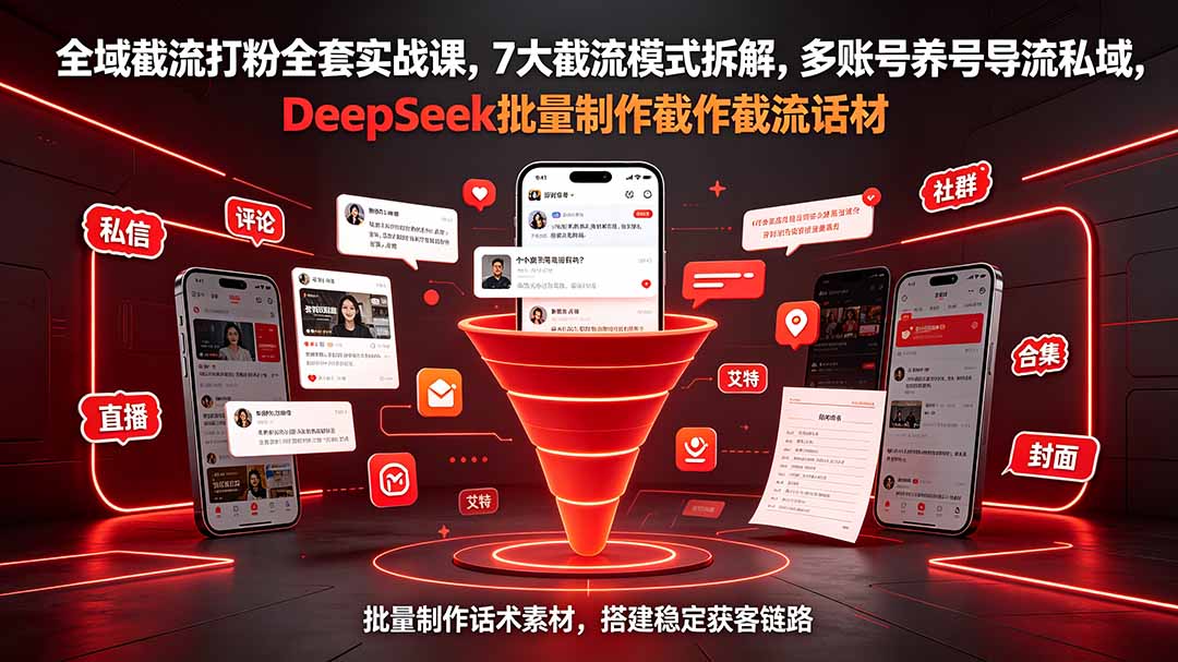 全域截流打粉全套实战课，7大截流模式拆解，多账号养号导流私域，DeepSeek批量制作截流话术素材-才疏云网创