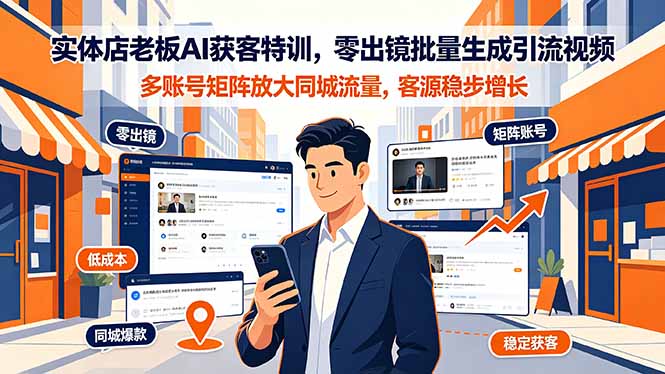 实体店老板AI获客特训，零出镜批量生成引流视频，多账号矩阵放大同城流量，客源稳步增长-才疏云网创