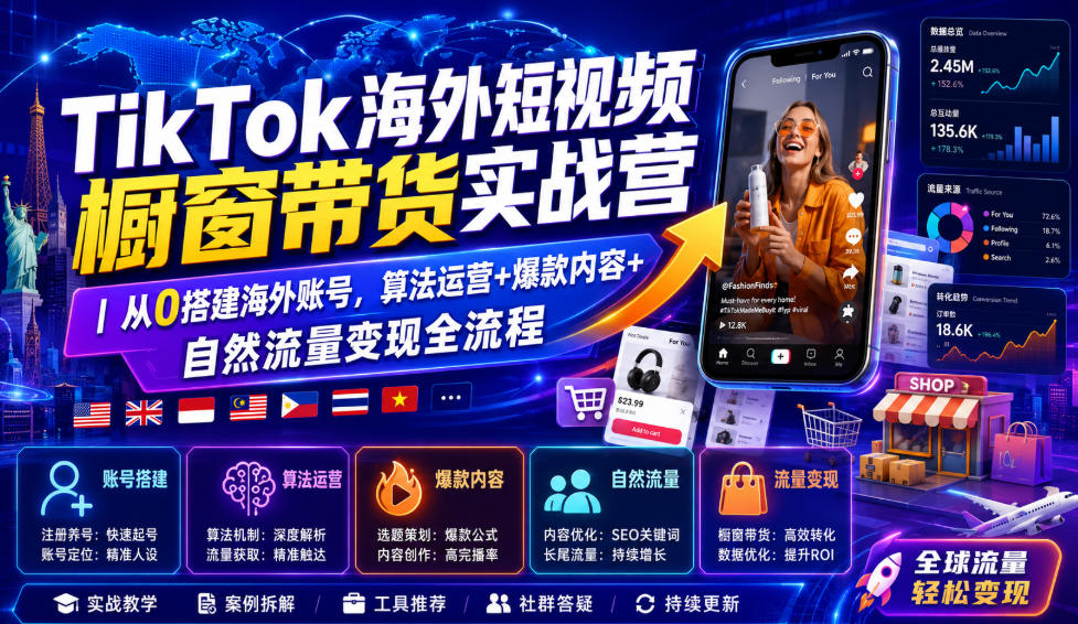 TikTok海外短视频橱窗带货实战营｜从0搭建海外账号，算法运营+爆款内容+自然流量变现全流程-才疏云网创