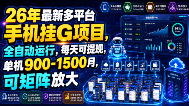 26年最新多平台手机挂G项目，全自动运行，每天可提现，单机900-1500月，可矩阵放大【揭秘】-才疏云网创