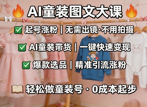 AI童装图文剪辑，某社群童装图文大课，起号涨粉、AI童装带货、爆款选品，无需出镜和拍摄-才疏云网创