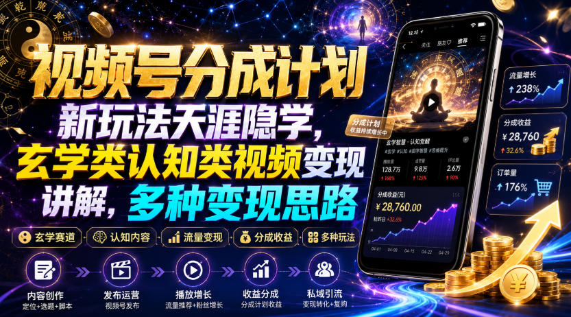 视频号分成计划新玩法天涯隐学,玄学类认知类视频变现讲解,多种变现思路-才疏云网创