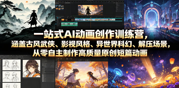 一站式AI动画创作训练营，涵盖古风武侠、影视风格、异世界科幻、解压场景，从零自主制作高质量原创短篇动画-才疏云网创