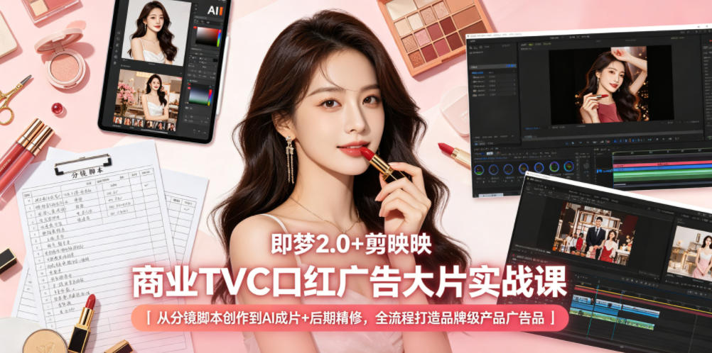 即梦2.0+剪映商业TVC口红广告大片实战课｜从分镜脚本创作到AI成片+后期精修，全流程打造品牌级产品广告-才疏云网创