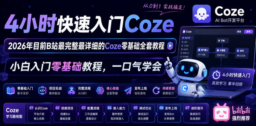 4小时快速入门Coze!2026年目前B站最完整最详细的Coze零基础全套教程,小白入门零基础教程,一口气学会!-才疏云网创