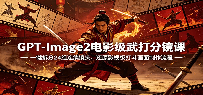 GPT-Image2电影级武打分镜课：一键拆分24组连续镜头，还原影视级打斗画面制作流程-才疏云网创