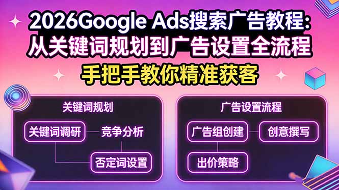 2026Google Ads搜索广告教程：从关键词规划到广告设置全流程，手把手教你精准获客-才疏云网创