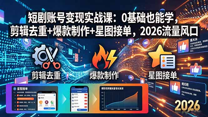 短剧账号变现实战课：0基础也能学，剪辑去重+爆款制作+星图接单，2026流量风口-才疏云网创