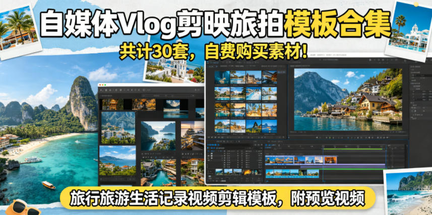 自媒体Vlog剪映旅拍模板合集,共计30套,自费购买素材!旅行旅游生活记录视频剪辑模板,附预览视频-才疏云网创