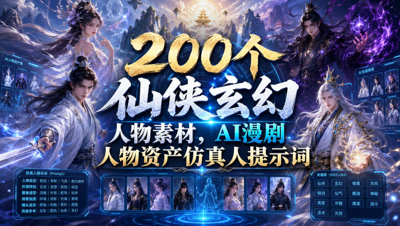 200个仙侠玄幻人物素材,AI漫剧人物资产仿真人提示词-才疏云网创