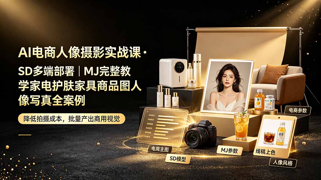 AI电商人像摄影实战课·SD多端部署｜MJ完整教学｜家电护肤家具商品图人像写真全案例-才疏云网创
