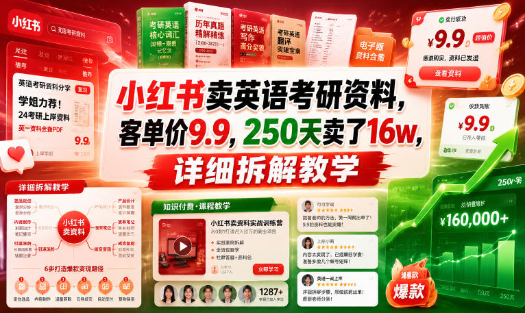 小红书卖英语考研资料,客单价9.9,250天卖了16w,详细拆解教学-才疏云网创