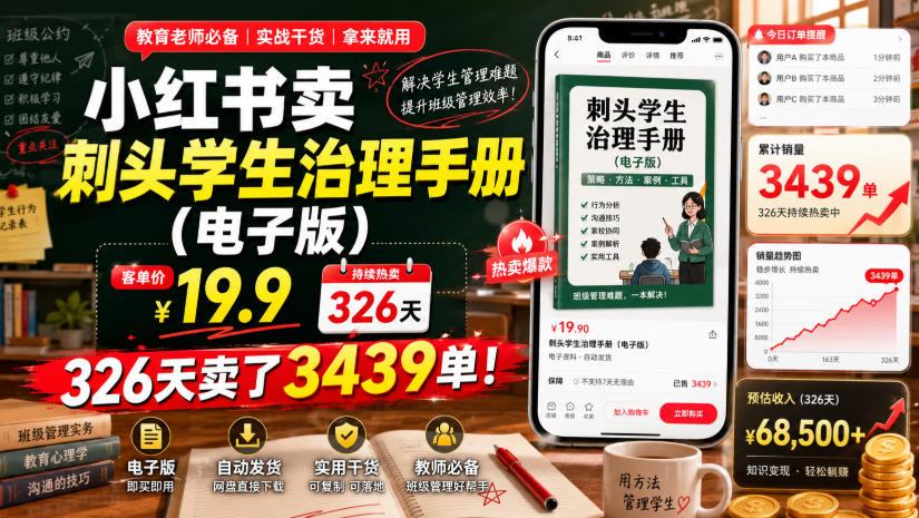 小红书卖刺头学生治理手册(电子版),客单价19.9,326天卖了3439单!-才疏云网创