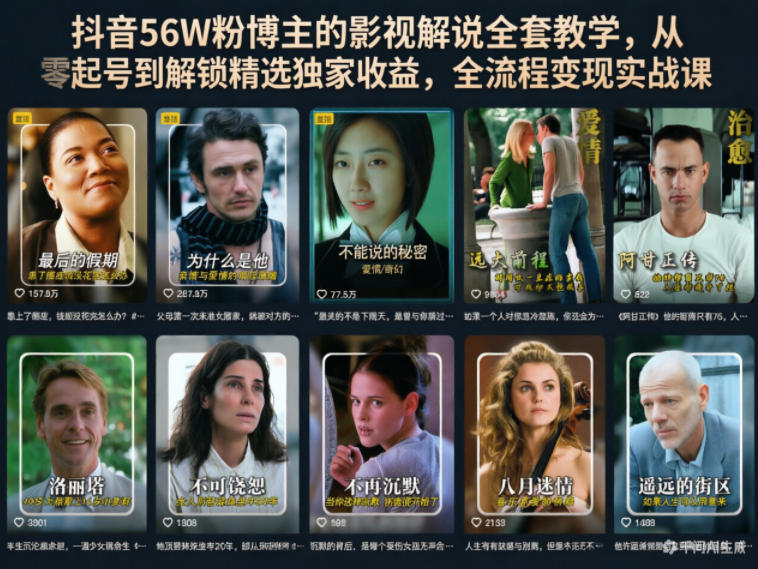 抖音56W粉博主的影视解说全套教学,从零起号到解锁精选独家收益,全流程变现实战课-才疏云网创