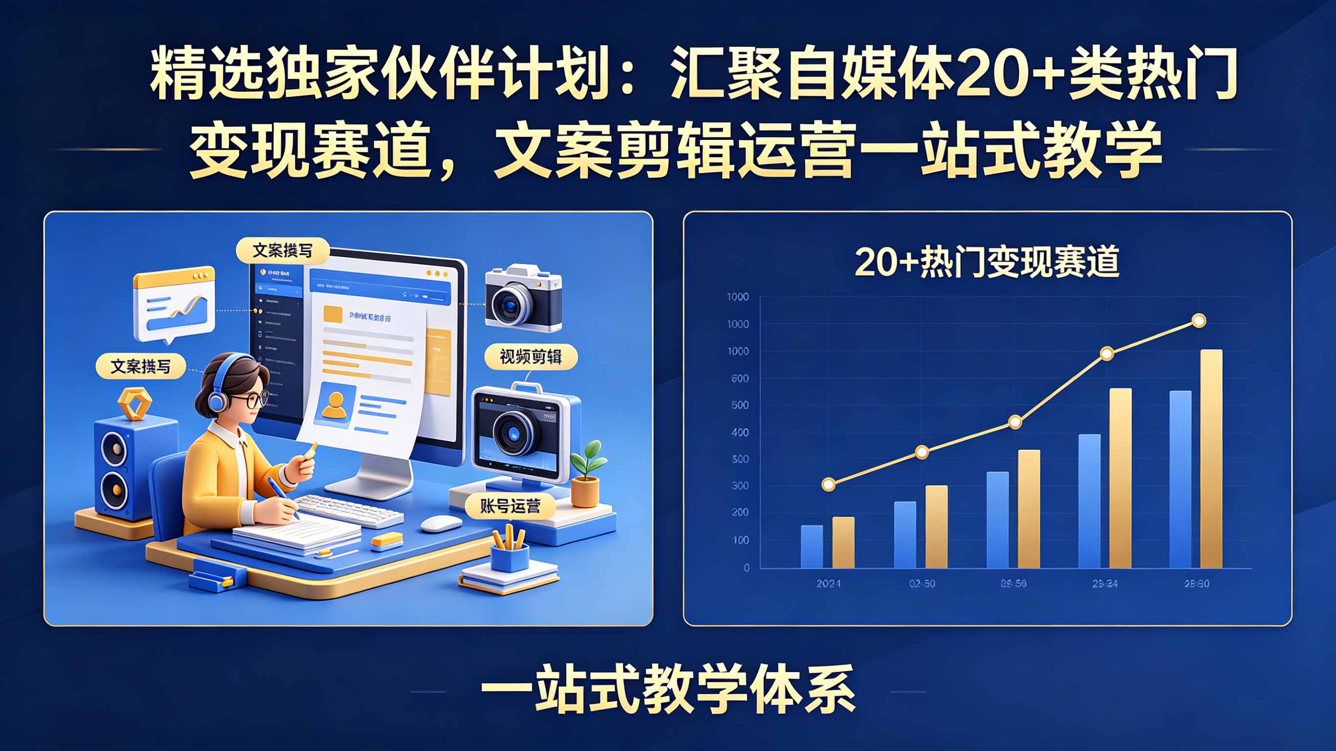 精选独家伙伴计划:汇聚自媒体20+类热门变现赛道,文案剪辑运营一站式教学-才疏云网创